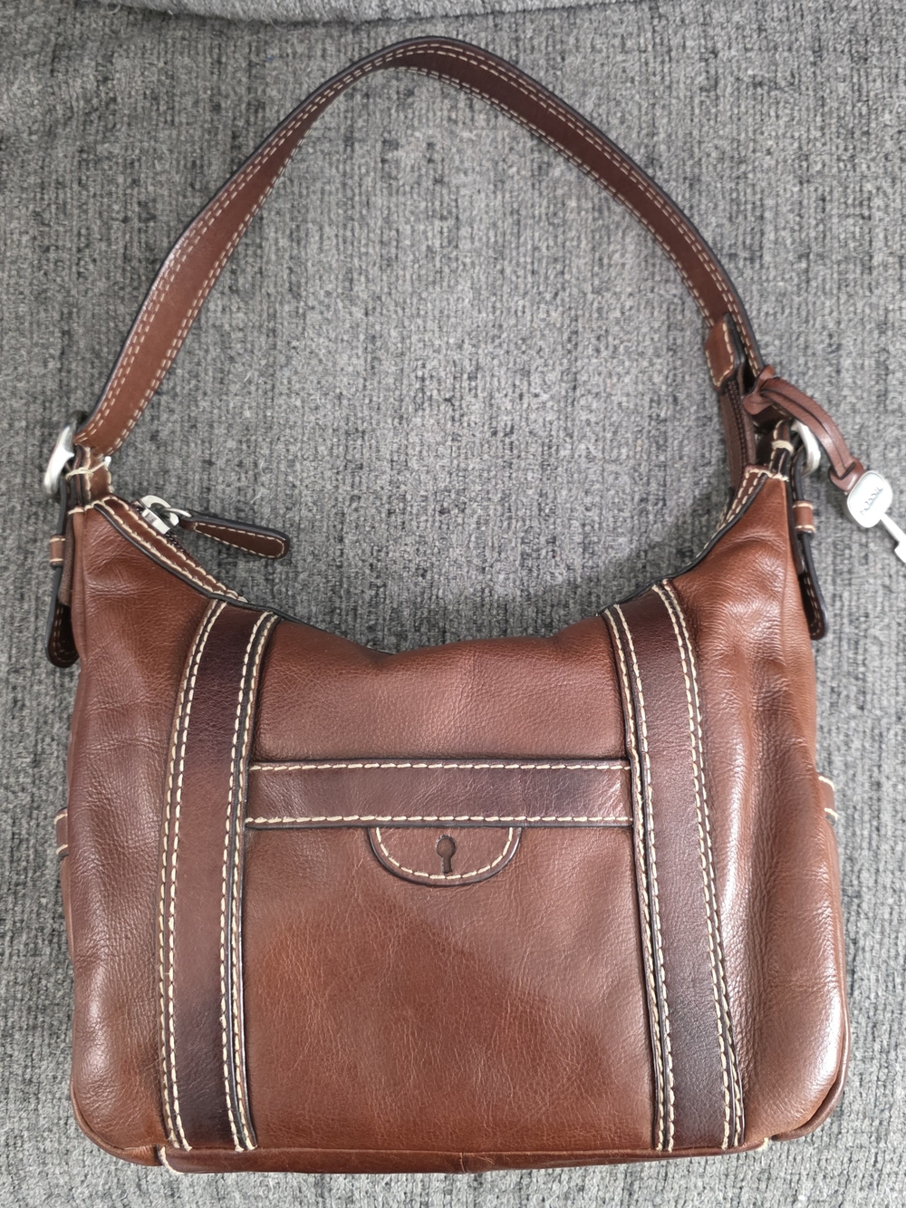 Vintage Fossil Brown Leather Hobo Shoulder Bag Key Charm Y2K